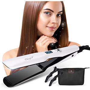 CkeyiN Piastra per capelli , piastra per capelli, piastra per capelli larga, raddrizzamento facile, risparmio di tempo, schermo LCD digitale, con mini sacchetto e due clip (bianco) (Rosso)