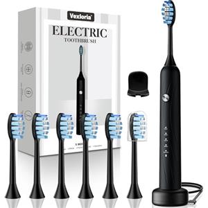 Vexloria Spazzolino Elettrico Sonico per Adulti e Bambini, 5 Modalità e Timer, Impermeabile IPX7 Ultrasuoni Spazzolino Elettrico da Viaggio, Spazzolino Sonico, Nero