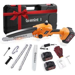 Grenintol Mini Motosega a Batteria 8'', 6000mAh Motosega Elettrica con Pompetta Olio e Blocco di Sicurezza, 1000W Motore Brushless, Sega a Batteria per Rami e Giardino, Taglio del Legno
