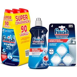 Finish Kit Lavastoviglie; Powergel Detersivo Lavastoviglie Fresh 90 Lavaggi, 1 Curalavastoviglie a ciclo pieno da 3 Pastiglie, 1 Brillantante Regular da 500ml