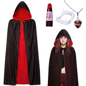 Yi'antai Costume da Vampiro di Halloween, Vampiro Capo con Cappuccio, Mantello da vampiro Nero Rosso, Costume vampira Per Bambini e Adulti, Mantello da Dracula con Zanne Finto Sangue Collana (L-140cm)