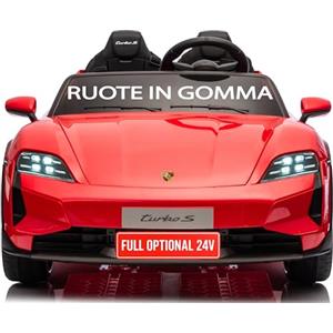 Mondial Toys Auto Elettrica per Bambini 24V Porsche Taycan TurboS 2 Posti Macchina Elettrica con Ruote in Gomma Telecomando Luci LED Bluetooth Rosso