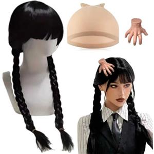 TELAOBAN Parrucche nere per Halloween, mercoledì costume parrucca, Halloween Addams Parrucca Nera Lunga, Adams Wig Lntrecciate Nere, Famiglia Parrucche Cosplay, per Cosplay party carnevale