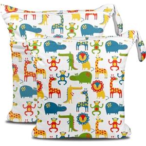 ROELLY Wet Bag, Porta Pannolini da 2 Pezzi, Lavabile, Custodia Bagnata e Asciutta, Riutilizzabile Ecologica, Simpatici Animaletti