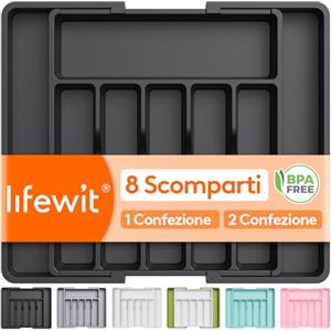 Lifewit Portaposate da Cassetto, Porta Posate Espandibile per Cassetto, Porta Posate Cucina Regolabile in Resistente Plastica per Cucchiai, Forchette e Coltelli, Grande, Nero