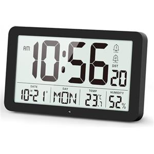 YsyYey Sveglia digitale grande display, orologio da parete con indicatore di temperatura e umidità, funzionamento USB/batteria orologio digitale con dimmer auto, orologio da tavolo con doppio allarme