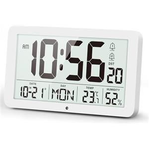 YsyYey Grande sveglia digitale con monitor di temperatura e umidità, orologio da parete USB/batteria intelligente da montare a parete e da comodino con oscuramento automatico, DST automatico, orologio