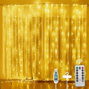 Aomig Luci per tende, 3 m x 3 m, 300 LED, 8 modalità, impermeabile, alimentazione USB, per interni ed esterni, camera da letto, festa di nozze, giardino (bianco caldo)