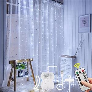 Aomig Tenda Luminosa, 2 IN 1 Tenda Luci LED con USB e Alimentato a Batteria, 3X3M 300 Luci Fatate Impermeabile, Tenda Luminosa Natale con 8 Modalità per Camera da Letto, Giardino, Bianco Freddo