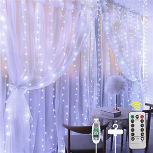 AOMIG Tenda Luminosa, 3X3M 300 Luci Fatate Impermeabile, 8 Modalità, LED con Telecomando e USB, per Natale, Camera da Letto, Giardino, Bianco Freddo