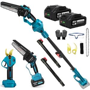 panthem 6 pollici motosega a batteria & 45mm Forbici Elettriche da Potatura con Asta Telescopica, 4 In-1 Kit Motosega e Forbici con 2 * 4000 mAh Batterie cesoie, motosega telescopica