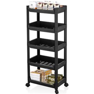 VIRSUS Carrello Salvaspazio Portaoggetti a 5 RIPIANI colore NERO 9570, Misura 35,5x22x85 cm, Scaffale Multiuso con 4 Ruote per Bagno, Cucina, Garage, Lavanderia