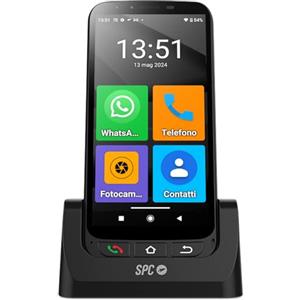 SPC Zeus 4G Pro + coque | Smartphone Anziani Icone Grandi, Pulsante SOS, Configurazione remota | Android 11, 4GB RAM, 64GB ROM | 13MP, Base Ricarica | Nero
