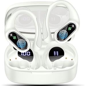 Poounur Cuffie Bluetooth Sport, Auricolari Bluetooth 5.3 Wireless con 4 ENC Cancellazione Rumore Mic, 50 Ore HiFi Stereo Cuffie Wireless, IP7 Impermeabile, Cuffiette Bluetooth con LED Display, USB-C, Blanc
