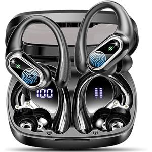 Poounur Cuffie Bluetooth Sport, Auricolari Bluetooth 5.3 Wireless con 4 ENC Cancellazione Rumore Mic, 50 Ore HiFi Stereo Cuffie Wireless, IP7 Impermeabile, Cuffiette Bluetooth con LED Display, USB-C, Nero