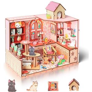 Cuteefun Miniature Casa delle Bambole, Kit da Casa di Bambole in Legno con LED, Struttura a Incastro, Facile da Assemblare, Regalo per Compleanni, Natale e Halloween (Casetta per Gatti)