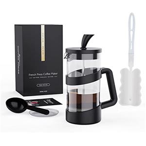 RAINBEAN Caffettiera French Press 3 Tazze/8 Tazze, Sistema di Filtrazione in Acciaio Inossidabile Vetro Caffettiera Francese - Vetro resistente al calore (350ml, Nero)
