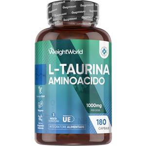 WeightWorld Taurina Integratore 1000mg per Dose, 180 Capsule con L Taurina Polvere Vegana (3 Mesi), Aminoacidi Essenziali, Pre Workout e Post Workout, Taurine Senza Magnesio Stearato né OGM, Prodotto in Europa