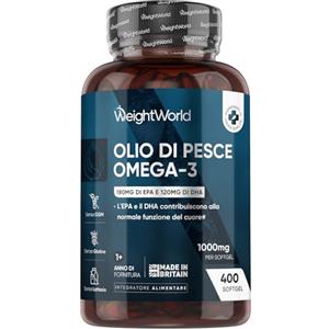 WeightWorld Omega 3 Olio di Pesce, 400 Softgel, (Fornitura 1+ Anno), 1 Softgel al Giorno, Omega3 Fonte di Acidi Grassi Essenziali, EPA e DHA Contribuiscono alla Normale Funzione del Cuore (EFSA), Fish Oil 1000mg