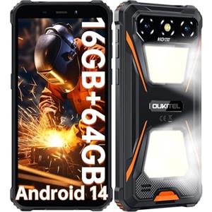 OUKITEL G5 Rugged Smartphone con 900LM Luce Campeggio - 16(4+12) GB+64GB /TF 1TB, Android 14 Telefono Indistruttibile, 6300mAh 13MP+5MP 6" HD Cellulari e Smartphone IP68/BT5.0/OTG/GPS Arancio