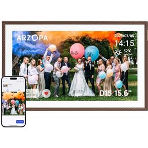 ARZOPA Cornice Digitale 15,6 Pollici Cloud Gratuita Illimitata FHD Schermo Tattile Arzopa APP Gratuita Condivisione Remota di Foto Video Illimitati Cornice Foto Digitale Regalo Perfetto - D15 Marrone