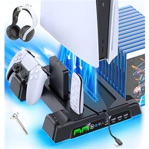 OIVO Supporto per PS5/Slim/Pro con Ventola di Raffreddamento, Ricarica Controller PS5, PS5 Supporto Verticale con Indicatori LED e Conservazione per 14 Giochi per P5, Nero