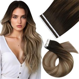 Moresoo 35 cm Extension Capelli Veri Biadesivo Balayage Invisibili Extension Biadesive Marrone Scuro a Marrone più Chiaro con Biondo Dorato #4/10/16 10pcs/25g