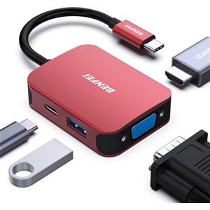 BENFEI HUB USB C 4in1, Multiporta Adattatore USB C con 4K HDMI/ 1080P VGA/ 5 Gbps USB 3.0 Porta dati/Tipo C 60W Power Delivery,per iPhone 15 Pro/Max MacBook Pro/Air 2023 iPad Pro iMac S23 XPS17,Rosso