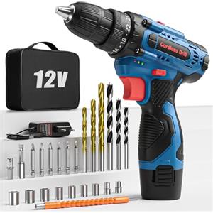FAHEFANA Trapano Avvitatore Batteria 12V, Avvitatore a Batteria Set Max 25Nm, 2 Velocità, 25+1 Impostazione Coppia, LED Luce, 2.0Ah Batterie, 24 Accessori e Valigia, 10mm Mandrino Autoserrante