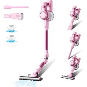 Stanew Aspirapolvere senza fili, 33Kpa Scopa elettrica 320W Scopa elettrica senza fili pieghevole, autonomia di 35 minuti, LED, adatto per tappeti, automobili(Rosa)