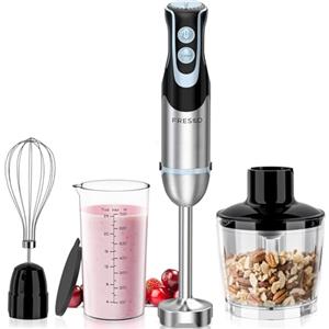 FRESKO Frullatore a Immersione 4-in-1, 1000 W Minipimer Immersione in 304 Acciaio Inossidabile, con 12 Velocità e Modalità Turbo, Antispruzzo Design, Include Misurino, Tritatutto e Frusta (HB3302)