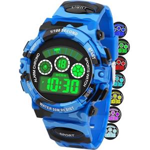 DTKID Orologio Digitale Bambino LED a 7 Colori, Orologio Bambino con Sveglia, Timer, Datario, Impermeabile Orologi per Bambini Sportivo da Esterno, per Ragazzi Ragazze e Adolescenti (Camouflage Blu)