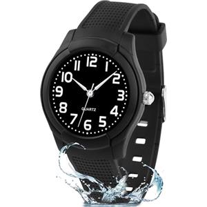 Juboos Orologio Analogico per Bambini e Bambine, Impermeabile fino a 3 Atm, con Gatto, Facile da Leggere, Viola, Orologio Gatto Bambini (Nero)