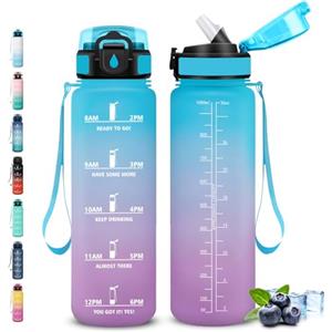 Grsta Borraccia 1 litro, Borraccia con Cannuccia, Senza Perdite, Borraccie Motivazionale, Facile da Pulire, Borracce con Orari per Bere, Bottiglie Acqua per Fitness, Campeggio, Yoga