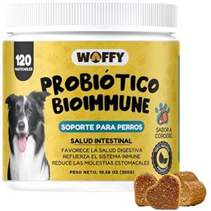 Woffy Biommune Probiotico per Cani - Integratore Naturale con Enzimi Digestivi e Prebiotici | Allevia Diarrea, Gas e Migliora la Flora, Salute Intestinale e Digestiva | 120 Masticabili Naturali