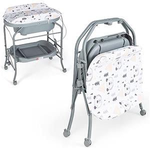 LIFEZEAL Vaschetta Bagnetto Neonato, 0-12 Mesi, con Fasciatoio, Vaschetta Bagnetto Neonato Pieghevole, con Materassino Fasciatoio, Ripiano Portaoggetti e Ruote, Tubo in Ferro, Portata 35 kg (grigio)