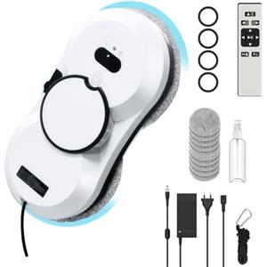 JOPWUE Robot pulitore di vetro, 5600PA Robot pulitore automatico con doppio getto d'acqua, 3 modalità di pulizia, navigazione intelligente, sistema di sicurezza, 10 panni e telecomando (bianco)