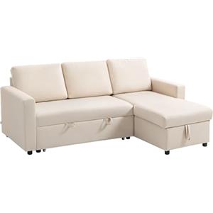 HOMCOM Divano ad angolo convertibile divano letto divano letto 3 posti modulare con penisola reversibile, cassettiera integrata e 3 cuscini per schienale, tessuto effetto lino, crema