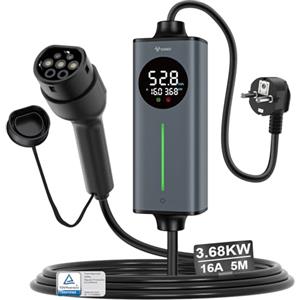 GONEO Cavo Ricarica Auto Elettrica Tipo 2 Schuko 16A 3,68kw monofase 5M | sensore di Temperatura e rilevamento Terra,Protezione CA 30mA + CC 6mA | Tempo e Corrente Regolabili,Caricatore Domestico VE