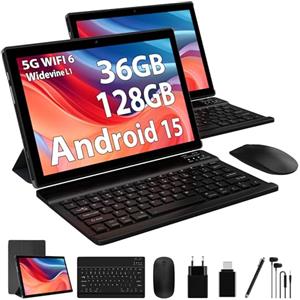 LEVIRTU Tablet 10 Pollici Android 15 con 5G WiF6, 2.0GHz 36GB RAM 128GB ROM (TF 1TB), Widevine L1, Batteria 8000mAh, Tablet con Custodia, Tastiera, Mouse e Cuffie (Nero)