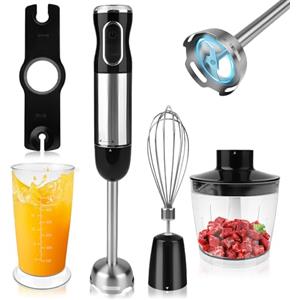 Dreamhigh® Frullatore a Immersione 4 in 1, 1000W con 12 Velocità Regolabili + TURBO e 2 Pulsanti, Mixer Immersione con Frusta, Tritatutto 500ml e Misurino 700ml, per Zuppe, Pappe e Smoothie