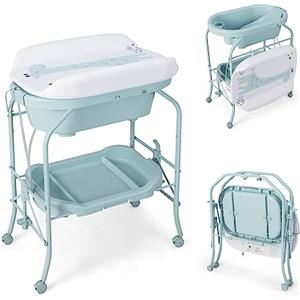 COSTWAY Fasciatoio con Vaschetta Bagnetto 2 in 1, Vasca da Bagno Pieghevole per Bambini, Fasciatoio con Materassino, Cestino Portaoggetti, Ruote con Freno, Portata 35kg+15kg (Azzurro)