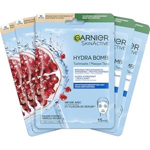 Garnier SkinActive Hydra Bomb Maschera per panno, idratante intensamente e rivitalizzante, con acido ialuronico ed estratto di melograno, 5 x 28 g