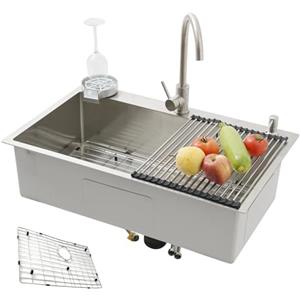 KOOGIMDDR 85x50 Lavello SUS304 Acciaio Inossidabile Da Cucina Multifunzione In Fatto A Mano, Con griglia per pavimento Lavello Da Cucina Grande A Una Vasca, con rubinetto e vari accessori