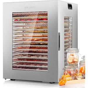 Kwasyo Essiccatore Alimenti 15 Vassoi Inox, 1200W Doppia Ventola, per Carne, Frutta, Snack Cani, Erbe, Temp. Regolabile 90°C, Timer 24H, Finestre Multiple, Essiccazione Potente