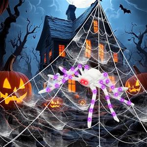 Strixorn Halloween Decorazione Set Ragno Gigante Peloso Bianco 125cm con LED, con Ragnatela Giardino 500cm Seta di Ragno 40g 20 Mini Ragni Luminoso Decorazioni Spaventosa Esterni XL per Giardino Feste Cortile