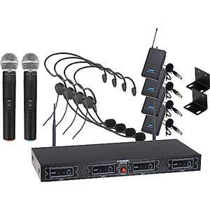 McGrey UHF-2V4H Set Microfoni Wireless Quad: ricevitore UHF 4 canali, 2 microfoni dinamici, 4 trasmettitori tascabili con clip, 4 headset, portata 50m, batteria 8 ore.
