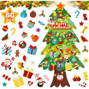 FIFlying Albero di Natale in feltro bambini DIY, 140 * 69 cm con luci a 5M LED e 60 Ornamenti, da Parete, Porte, finestra, Camera dei bambini, soggiorno, Ufficio, Aula