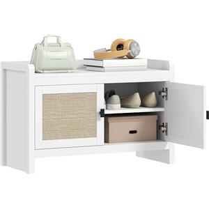 HOMCOM Panca per scarpe Armadio per scarpe Panca di stoccaggio bohémien con ante in rattan per 8 paia di scarpe per ingresso, camera da letto 80x35x52 cm Bianco