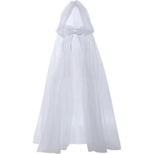 Generic Mantello in tulle con cappuccio, a lunghezza intera, unisex, per bambini, mantello trasparente, mantello per Halloween, strega, fantasma, sposa, costume gotico per cosplay, costume gotico (bianco, 2